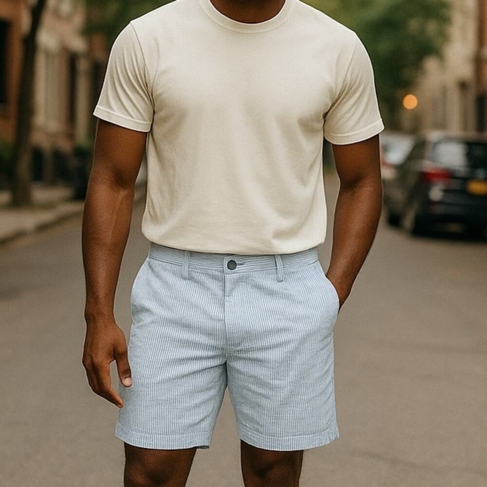 UNION Blue & White Pinstripe Cotton Seersucker Summer Shorts ~ Men's Size 38